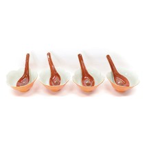 Set of 4 Porcelain Lotus Shaped Orange Soup Rice Bowls With Spoons Japan... - $59.37