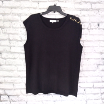 Calvin Klein Womens Blouse Large Black Top Gold Accent Tie Sleeve Side Slit Knit - £19.97 GBP