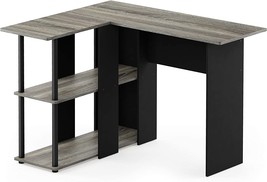 Furinno Abbott L-Shape Desk With Bookshelf, French Oak Grey/Black - £57.54 GBP