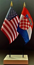 1 American &amp; 1 Croatia Mini Rayon 4&quot;x6&quot; Desk Flag Set with White 2-Hole Base - £11.01 GBP