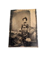 Antique Tintype Woman in Fancy Victorian Dress and Hat Studio Portrait N4 - $11.83