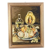 Gobelin Finished Still Life Needlepoint Fruit Platter Wine Bottle Candle - $93.06