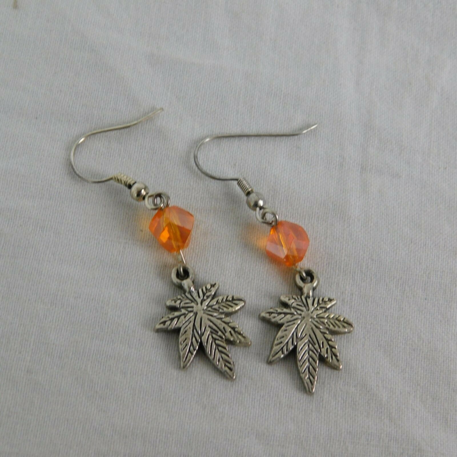 Handmade Earrings Orange Bead Silver Toned Marijuana Leaf Pot Smoking Fashion - £6.27 GBP