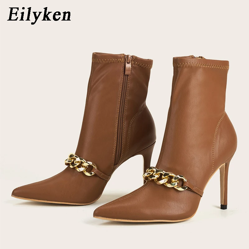 Eilyken Autumn    Pointed  Heels Ankle Boots Women  Chain Decoration Ladies Shoe - £192.02 GBP