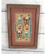 Navajo Wood Framed Sand Painting of Yei Kachina Figures Signed 7 x 9 Wal... - $22.79 CAD