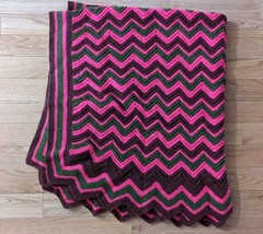 Crocheted Chevron Blanket Pink 60&quot;x 50&quot; Vintage Handmade - £19.98 GBP