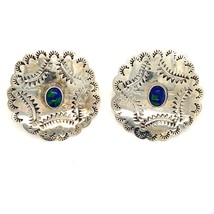 Vtg Sterling Sign 925 Mexico Azurite Malachite Stone Etched Concho Stud Earrings - £51.43 GBP
