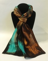 Hand Painted Silk Scarf Jade Green Cognac Chestnut Brown Unique Rectangle New - £44.29 GBP