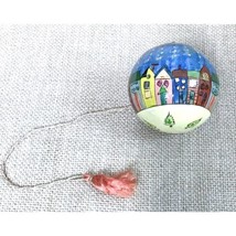 Decoupage Hand Painted Skinny Houses Flying Santa Lacquered Round Ball Ornament - £11.68 GBP