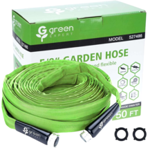 Green Flat Garden Hose 50 ft Flexible Lightweight with 3/4&quot; GHT Metal Connectors - £57.88 GBP