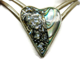 Heart Shaped Abalone Shell Cuff Bracelet 2&quot; Vtg Alpaca Silver HECHO EN MEXICO - £79.55 GBP