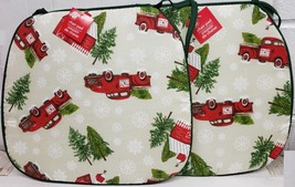 SET OF 2  CUSHION CHAIR PADS (13.75&quot;x15&quot;)WINTER,CHRISTMAS TREES &amp; RED TR... - £10.10 GBP