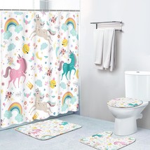 4 Piece Shower Curtain Sets, With 12 Hooks, Unicorns Animal With Non-Slip Rugs,  - £37.98 GBP