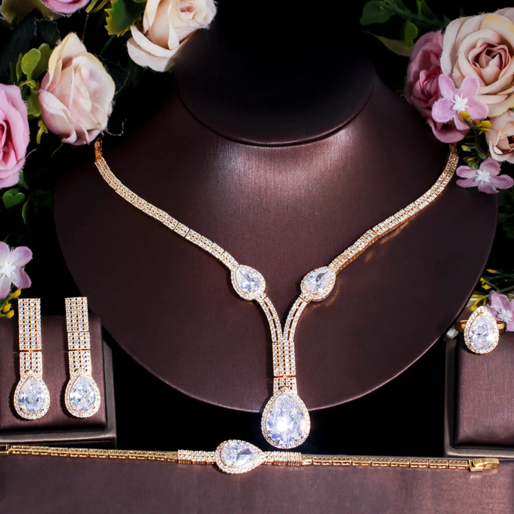 4pcs Shiny Big Water Drop Cubic Zircon Luxury Nigerian Dubai Gold Jewelry Set fo - £56.26 GBP