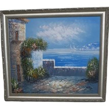 Artist D. Perry Oil Painting Terrace Overlooking Calm Ocean Signed Framed READ** - £74.73 GBP