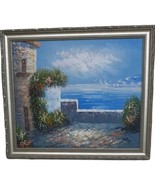 Artist D. Perry Oil Painting Terrace Overlooking Calm Ocean Signed Frame... - £73.26 GBP