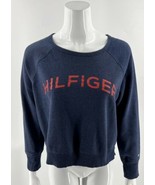 Tommy Hilfiger Sweatshirt Top Size Medium Blue Red Cropped Thumbholes Wo... - €21,49 EUR