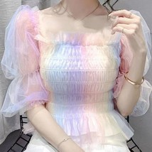 Rainbow Tulle Blouse | Women Cute Top Ombre Gradient Shirt - £30.71 GBP