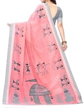 Beautiful cotton linen printed saree with a running blouse piece  - $34.99