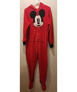 Disney Mickey Mouse Pajamas Full Length Hooded Ears Adult Size L Zip Up Red - $15.42