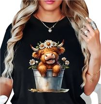 Women&#39;s Highland Cow Graphic T-Shirt, Black, Daisy Flower Design - £11.51 GBP