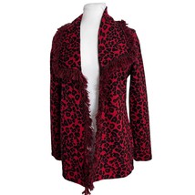 Chicos Womens Cardigan Size 0 Small Red Black Leopard Print Fringe Open ... - $34.65