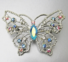 Vtg DODDS Silver Tone Blue Pink AB Rhinestone BUTTERFLY Brooch Pin - $13.81
