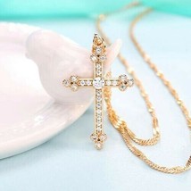 Cadeaux Coupe Ronde Imitation Diamant Religieux Croix Pendentif 14K or Jaune - £65.92 GBP
