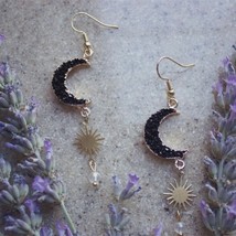 Charming Stone Crescent Moon Sun Earrings Phase Boho Witchy Brass Hippie Delicac - £7.41 GBP