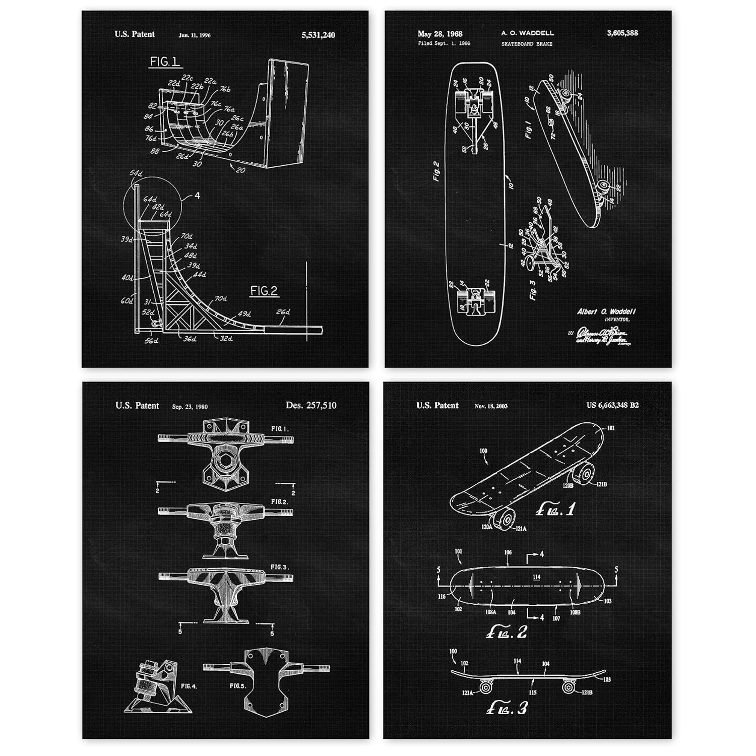 Vintage Skateboard Patent Prints, 4 (8X10) Unframed Photos, Wall Art Dec... - $38.99