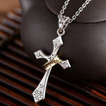 Silver Halo Ring Cross Pendant Necklace Christian Catholic Jewelry Chain 24&quot; - £9.37 GBP