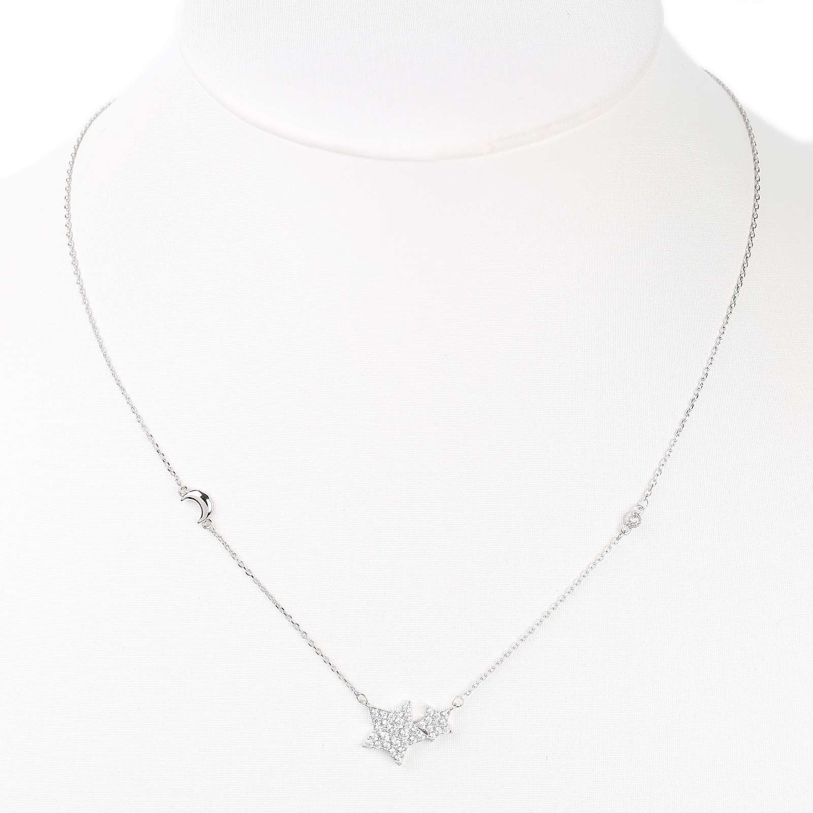 Silver Tone Moon & Stars Necklace With Swarovski Style Crystals