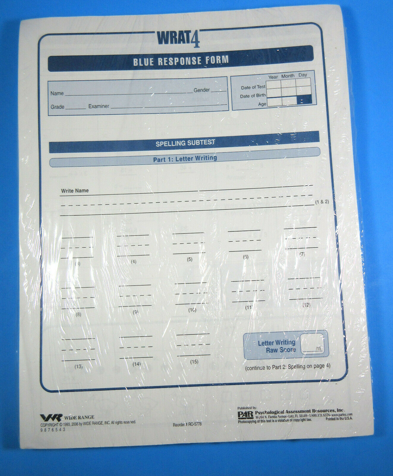 WRAT 4 Wide Range Achievement Test Blue Test & Response Forms 4th Edition