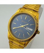 Gruen Precision Quartz Watch Men Gold Tone Blue Fluted Bezel Stretch New... - $665.08 MXN