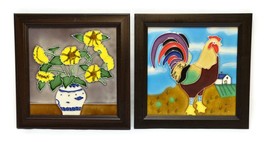 Set of 2 Ceramic Tile Framed Wall Hanging Rooster Flower Vase Colorful Vintage - £14.83 GBP