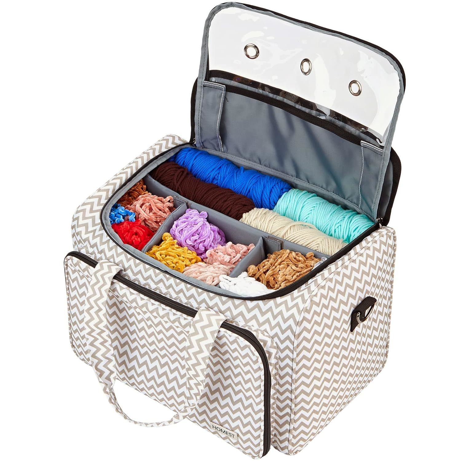 HOMEST Large Crochet Bag with Customized Front Compartment for Knitting  Accessories, Yarn Storage with 6 Oversized Grommets, Tote Organizer with