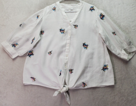 Charter Club Blouse Top Women XL White Embroidery Floral Linen Button Front Knot - $13.94