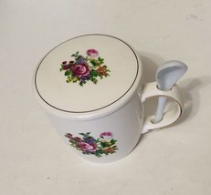 Covered Floral Coffee Mug w/ Spoon &amp; Lid Gold Trim Crazed Victorian Trad... - $16.82