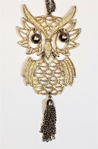 1970s Vintage Gold Tone Wise Owl Pendant Necklace With Chain Tassel Tail - £7.65 GBP