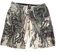 MMA Elite Board Shorts Mens 36 Beige Skull Gladiator Ram Horns AOP Swim Y2K - $34.20