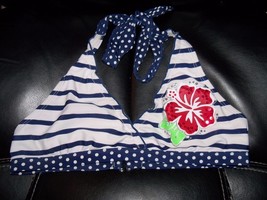 JUSTICE NAVY BLUE STRIPED W/FLOWER BIKINI TOP SIZE 16 GIRL&#39;S EUC - £9.76 GBP