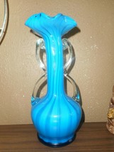 REPUBLIC OF CHINA (TAIWAN) TEAL BLUE ART GLASS RUFFLED TOP VASE/GLASS HA... - £22.07 GBP