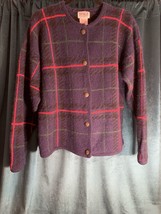 VTG Womens cardigan sweater PBJ SPORT 100% wool Brass Buttons Size M Plaid - £24.55 GBP