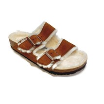 Birkenstock Arizona Shearling Fur Lined Suede Sandals Womens Size 5 Mink... - $130.52