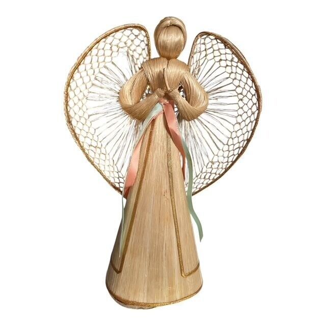 Vintage 1987 Large Corn Husk Handcrafted Praying Angel Figure with Ribbons - $10.17