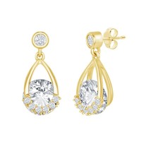 Sterling Silver Pear-Shaped Round Spinning CZ Earrings - Gold Plated - £28.54 GBP