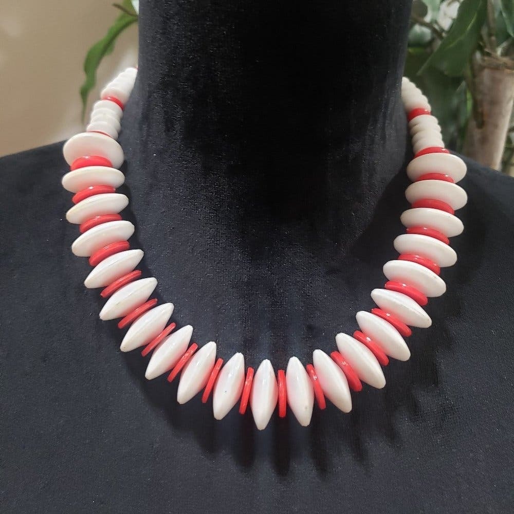Primary image for Women's Fashion White & Red Beaded Bib Choker Necklace with Lobster Clasp