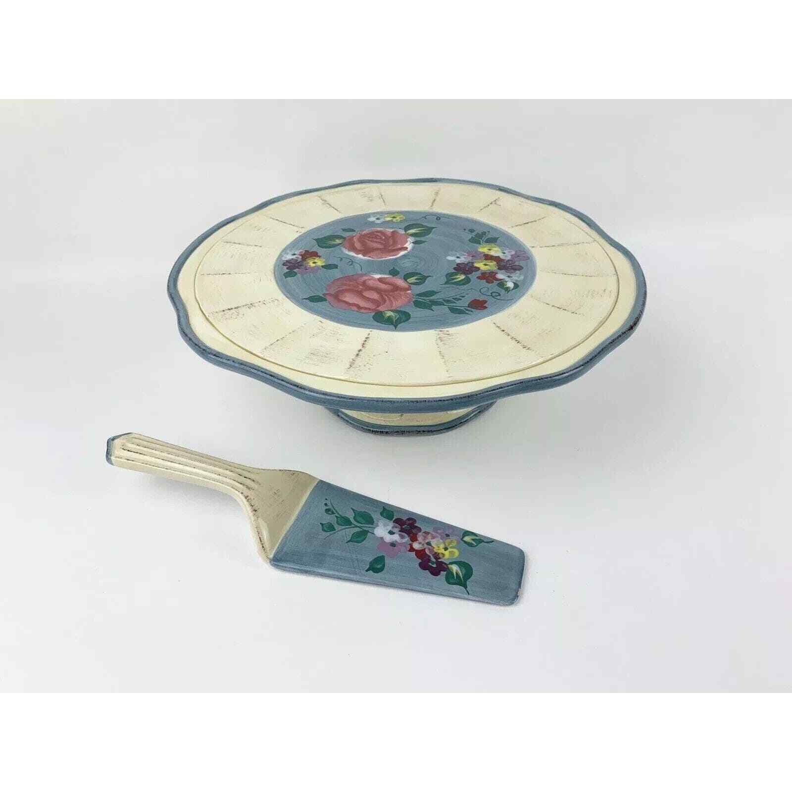 Primary image for Cake Platter with Spatula Large 12.5" Floral Hand Painted Porcelain Jay Imports