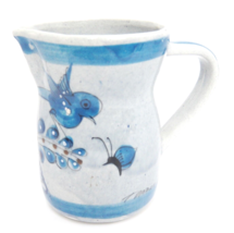 Tonala Mexican Pottery Small Pitcher 16 oz Blue Bird Butterfly Flower 5.25&quot; - £7.91 GBP