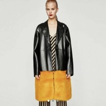 ZARA Black Leather Coat Faux Yellow Mustard Fur TRIM S NEW - £138.55 GBP